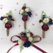 Boutonniere and corsage set, Burgundy ivory and navy blue corsage wrist, Wedding flower bracelet, Flower wrist corsage, Boutonniere for men 