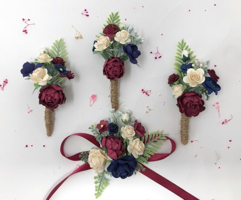 Boutonniere and corsage set, Burgundy ivory and navy blue corsage wrist, Wedding flower bracelet, Flower wrist corsage, Boutonniere for men 