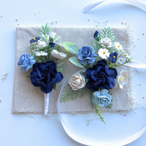 Navy Blue Boutonniere and Corsage Set Wedding Groom Boutonniere Accessories for Groomsmen Homecoming Blue Boutonniere  Flowers Prom