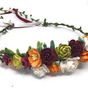Coroa de flores de outono, coroa de flores de maternidade laranja, tiara de flores para florista, coroa de flores central, faixa de cabeça floral, enfeite de cabeça floral