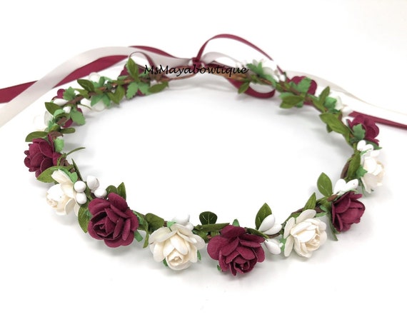 Burgundy Flower Crown Flower Girl Crown Halo Flower Crown Hair Flowers Heapiece Floral Garland Crown Toddler Flower Crown Boho Flower