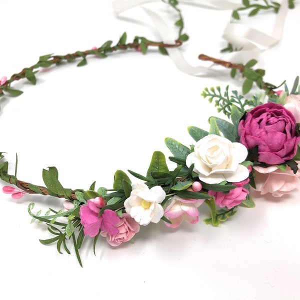 Floral crown pink, wedding flower girl crown, flower headpiece, hot pink wedding, pink boutonniere, pink flower crown, floral hair comb