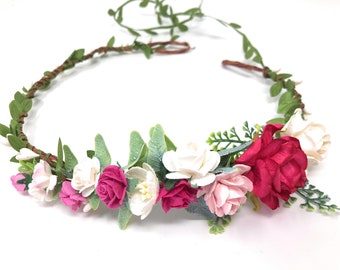 Valentine Flower Crown Pink Rose Floral Headband Gift for Girlfriend Hair Wreath for Photo Shoots Party Artificial Hair Piece Hair Accessory