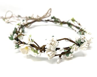Bridal Flower Crown White Wedding Headpiece Peony and Rose Headband Artificial Flower Arrangement