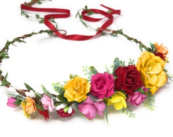 Colorful Flower Crown: Boho Bridal Headpiece with Ribbons