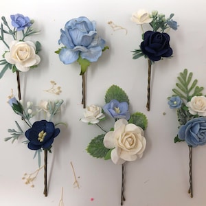 Blue Floral Bobby Pins - Wedding Hair Accessories - Set of 6