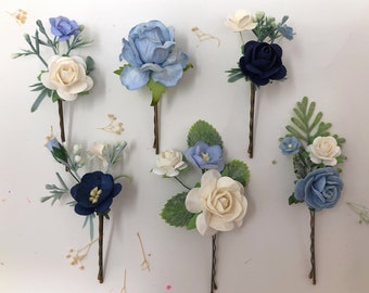 Flower hair clips, blue floral hair pins, wedding hairstyles, up-do pins, navy flower hairpins, bridal hair accessories, flower hair piece