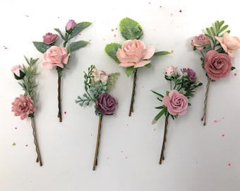 Dusty rose hair pins, mauve hair pins, wedding floral hair piece, rose bobby pins, flower hairpins, rose bobby pins, bridal flower clips,