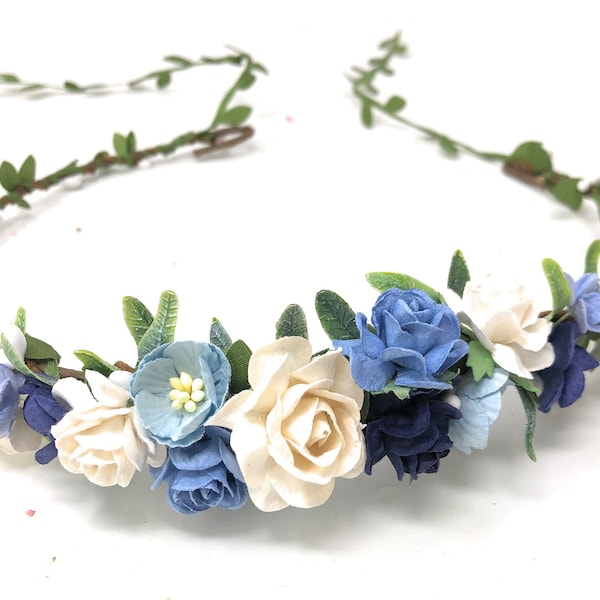 Couronne de fleurs bleues, couronne de fleurs Halo, couronne de fleurs, couronne de fleurs de mariage, couronne de fleurs de mariage bleue, couronne de fleurs, bandeau de fleurs roses