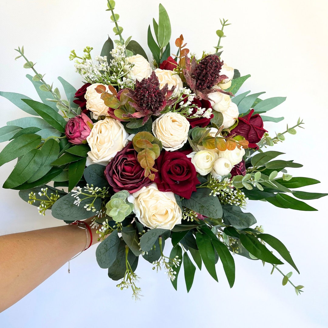 Burgundy Rose Wedding Bouquet: Ivory Silk Bridal Bouquet - Etsy Israel, image size:1080x1080