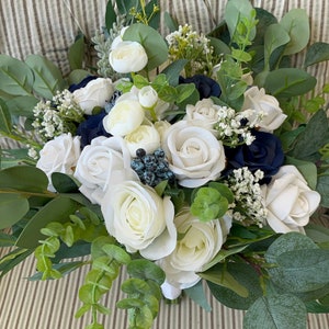 Navy Blue Wedding Bouquet: White Roses, Eucalyptus, Faux Flower Bridal Bouquet