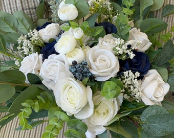 Wedding Bouquet Navy Blue and White Bridal Bouquet Artificial Flower Bouquet Bridesmaid Eucalyptus Bouquet Faux Flower Arrangement