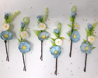Hellblaue Blumen Haarnadeln, Boho Braut Hochzeit Haarschmuck (6er Set)