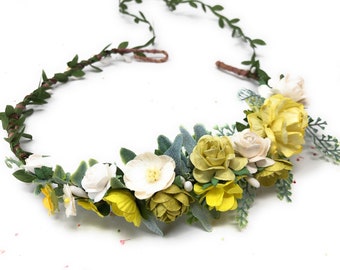 Yellow Faux Flower Crown: Summer Wedding Headpiece with Satin Ribbon
