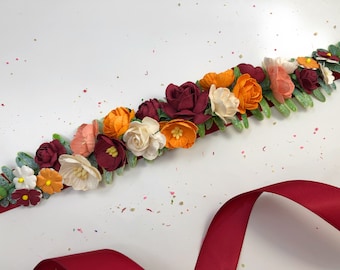 Burgundy Orange Flower Sash: Handmade Bridal Belt