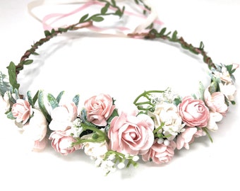 Pink and white flower crown, wedding flower headpiece, flower girl crown, boho floral hair crown, artificial floral headband, bridal flowers