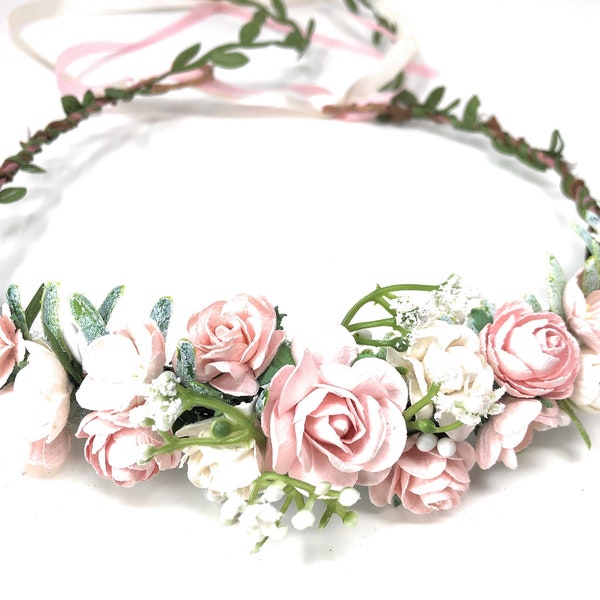 Pink and white flower crown, wedding flower headpiece, flower girl crown, boho floral hair crown, artificial floral headband, bridal flowers