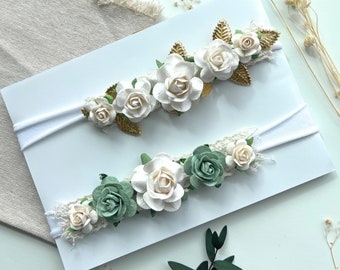 Diadema de flores para bebé: diadema floral de papel morera para bautizo