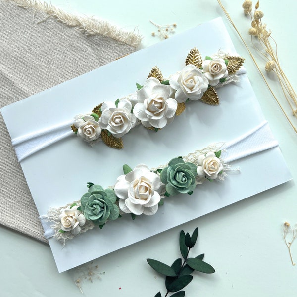 Sage green Baby Flower Headband Gift for Baby Girl Newborn Band White Christening Hairband Baby Floral Baptism Hair Wreath Toddler Crown