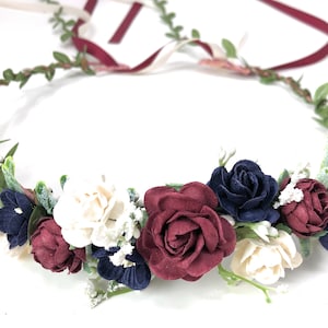 Coroa de flores cor de vinho, tiara floral, touca de flor de maternidade, coroa de cabelo de casamento boho, tiara floral artificial, flores de cabelo de noiva