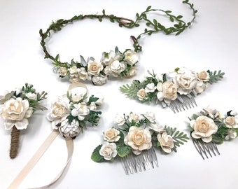Ivory and white flower crown, wedding flower headband, ivory boutonniere and corsage set, floral head wreath, bridesmaid headpiece, haircomb