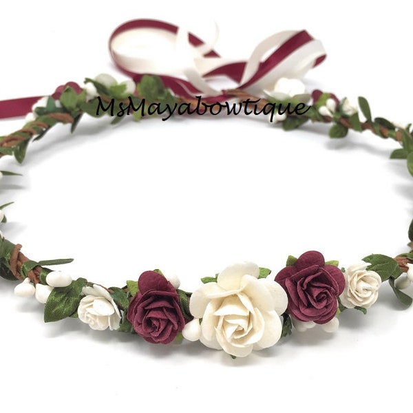 Flower crown burgundy and antique white, wedding flower crown, maternity flower crown burgundy, flower crown adult, flower girl crown