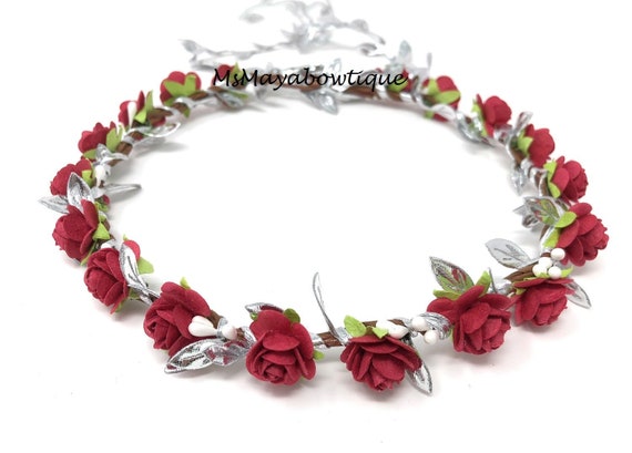 Corona De Flores Rojas Y Plateadas Diadema De Flores De Etsy