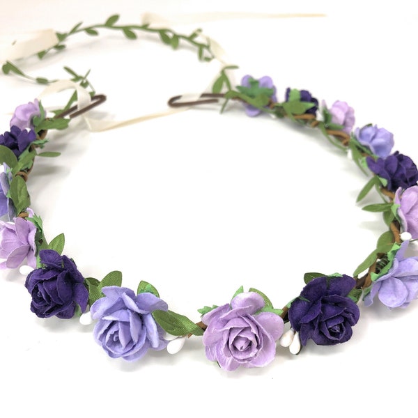 Purple flower crown, halo flower crown, flower crown headband, flower girl headband, flower hair accessories, flower wreath for hair