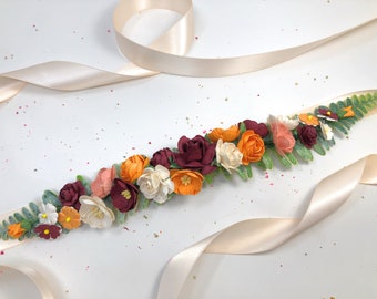 Fall Flower Belt for Dress, Burgundy and Orange Flower Sash, Autumn Bridal Flower Belt, Burgundy Flower Sash, Floral Belt for Wedding Dress