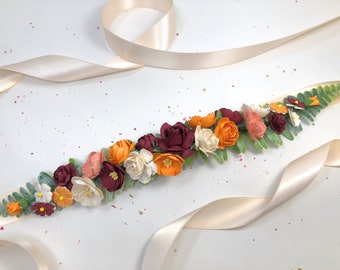 Fall Flower Belt: Burgundy Orange Floral Wedding Sash