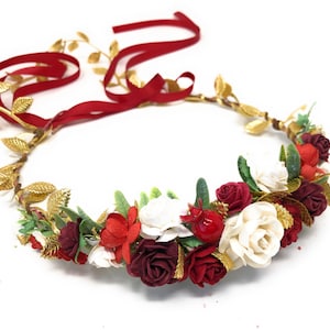 Christmas Gift for Her, Red Flower Crown, Gold Leaves Crown, Winter Flower Crown, Red and White Flower Crown, Flower Hair Piece, Flower Hair