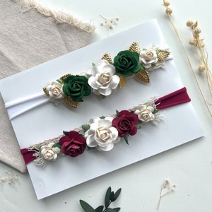 Baby Girl Flower Headband: Burgundy & Gold Christmas Hair Accessory
