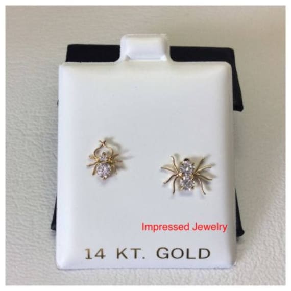 14k Yellow Gold Spider stud CZ Zircone Women Children earings with Screw back