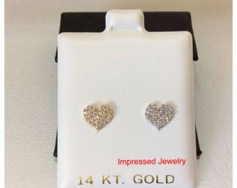 14K YELLOW/WHITE real gold women/children/baby heart cluster CZ Studs screw back Earring