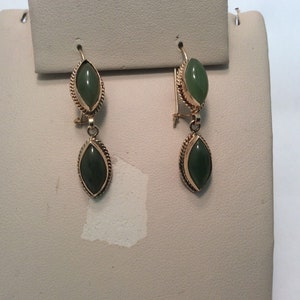 14k Real Yellow Gold Natural Jade Drop Hanging Lady Earrings 3.70gr