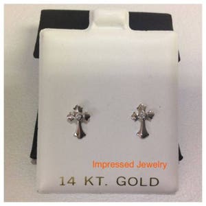 CZ Cross Stud Post Earrings 14K WHITE real Gold ScrewBack safe Men women Children