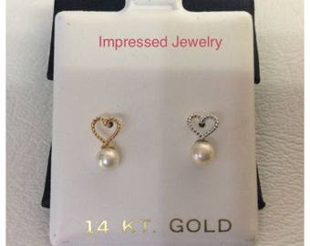 14K Yellow/White Real Gold Fresh Water Heart Pearl Screw Back Stud drop Earring girls