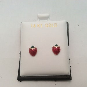 14K Yellow real Gold Small Stud Earrings Red Strawberry Enamel Children Studs