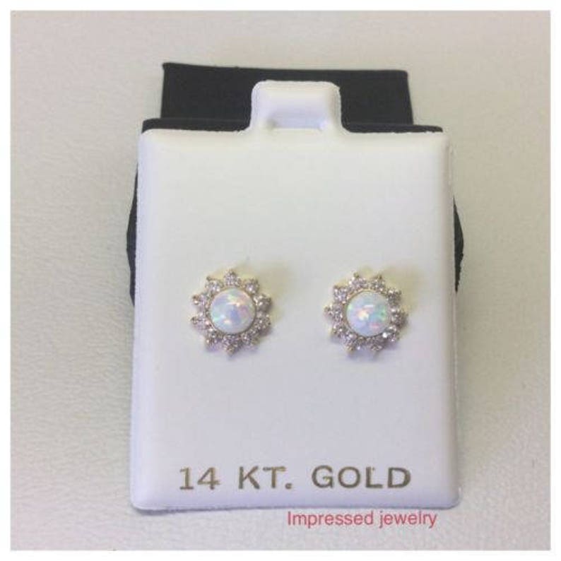 WomenChildren/'s Stylish 14K Solid Yellow real Gold Opal Stud Screw Back Cz Earring