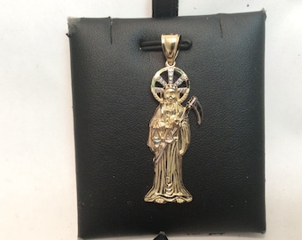Colgante de oro amarillo sólido real de 10k con la Santa Muerte y la parca, 3,5 g, 2''