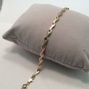 Lady 14k Tri-Color Echt Massivgold XO Herzen und Küsse Cz Phantasie Armband 18,5 cm 4.4g