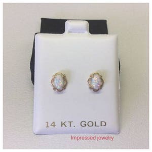 Frauen / Kinder stilvolle 14K solid Gelb Echt Gold oval Opal Bolzen Schraubverschluss Ohrring