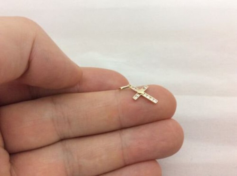 14K Real yellow Gold small heart Cross Charm Pendant Cubic Zirconi Baby Children