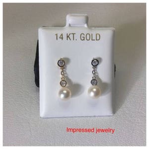 14K Yellow/White real Gold Fresh Water Pearl Cz Zirconi Hanging drop Screw Back Stud Earrings