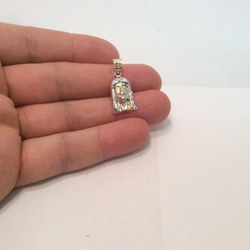 Ciondolo 10k Oro Giallo Con Testa Di Gesù E Zirconi, Bicolore, 2.75g, Made USA