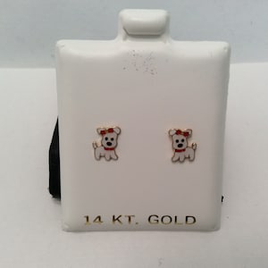14K Yellow real Gold Puppy Dog Enamel bow Kids Girls baby ScrewBack Stud Earring