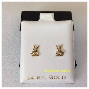 14K Yellow  real Gold Rabbit bunny heart Children baby CZ Screw Back Stud Earrings