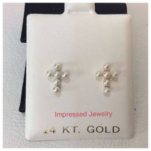 14K Yellow/White Real Gold Fresh Water Pearl Cross Screw Back Stud Earrings