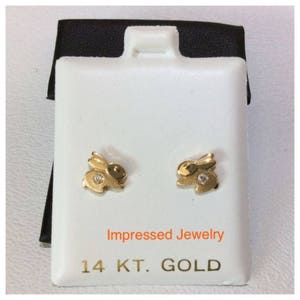 14k Yellow Real Gold Children&#39;s Cubic Zirconia Bunny Rabbit Safety Stud screw Earring