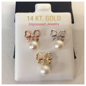 14K Yellow/White/Rose  real Gold Fresh Water Pearl with Bow cz Screw Back Stud Earring